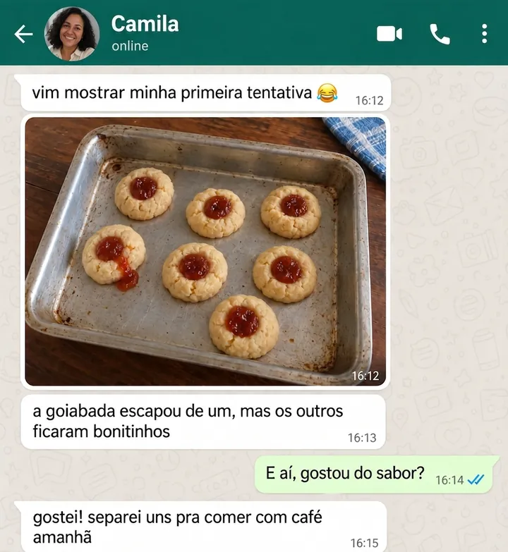 Conversa no WhatsApp com a Camila: “Vim mostrar minha primeira tentativa. A goiabada escapou de um, mas os outros ficaram bonitinhos.” Ela gostou e separou uns pra comer com café no dia seguinte.