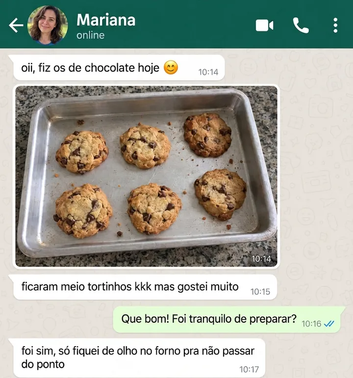 Conversa no WhatsApp com a Mariana: “Fiz os de chocolate hoje. Ficaram meio tortinhos, mas gostei muito.” Foi tranquilo de preparar, só ficou de olho no forno.